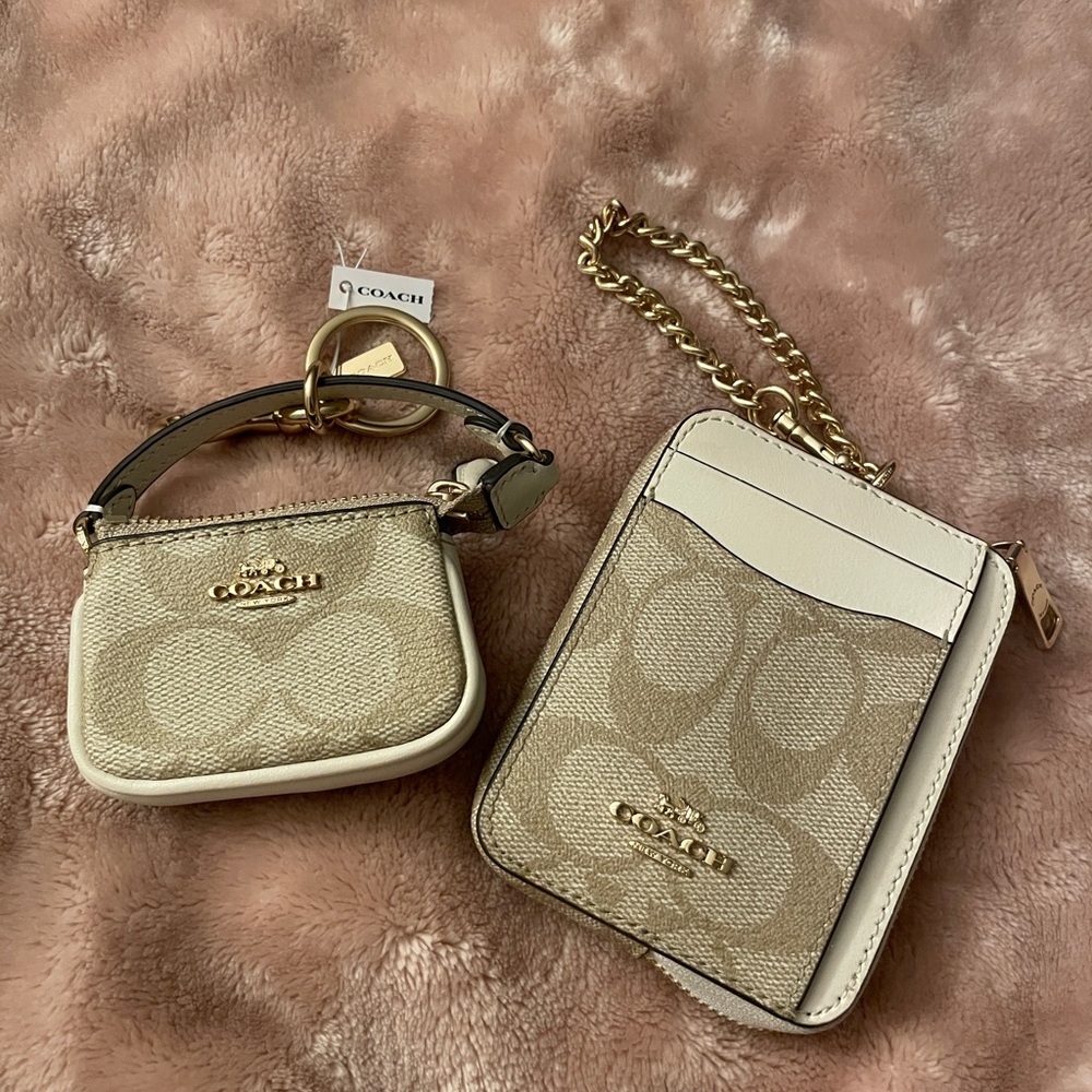 Coach Tan and Cream Key & Card Holder Set